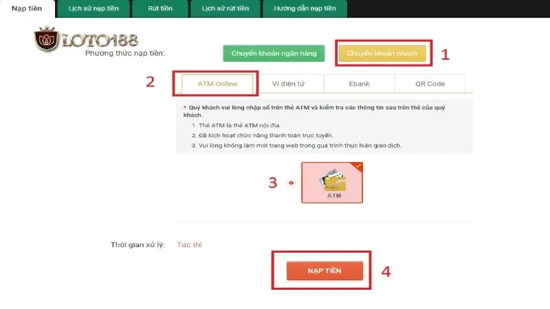 Các hình thức nạp tiền Loto188